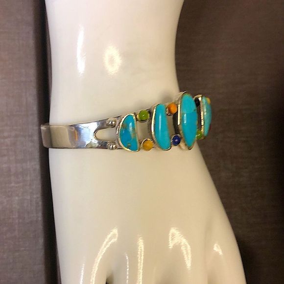 BARSE Turquoise Sterling Silver Multi Gemstone Southwestern Cuff Bracelet - Picture 4 of 11